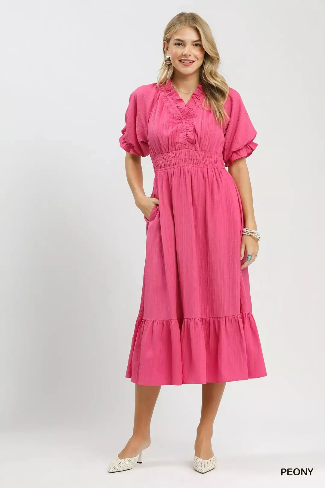 Peony ruffle V-neck midi dress with puff sleeves and tiered skirt