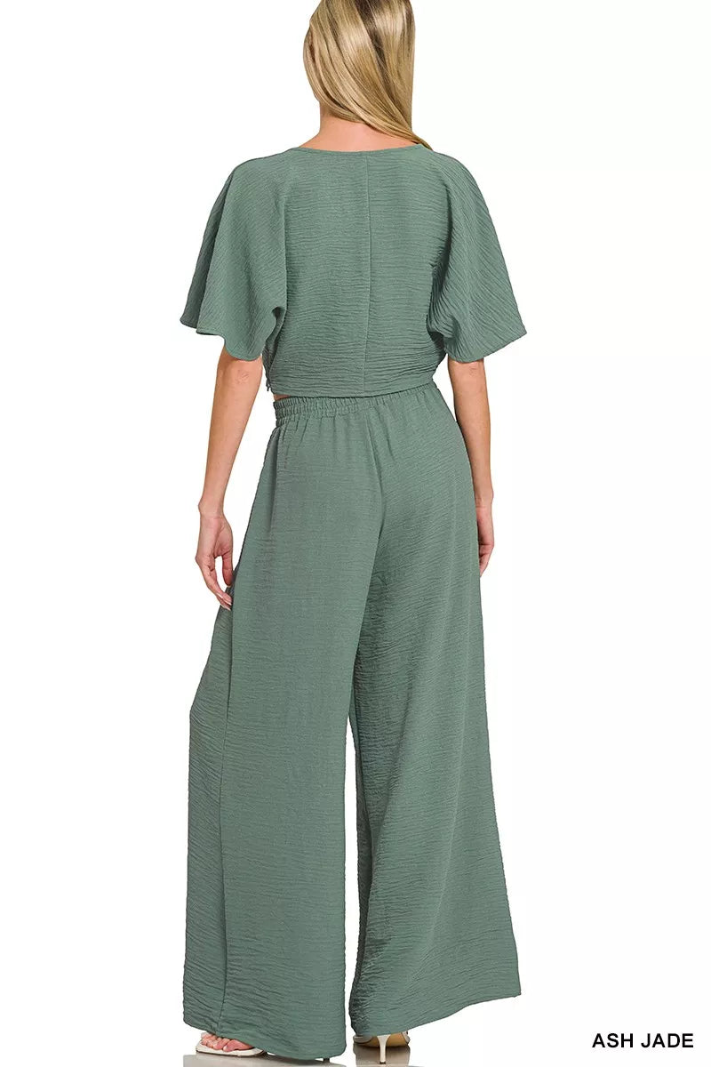 Woven twisted top and wide-leg pants set, back view, ash jade green.