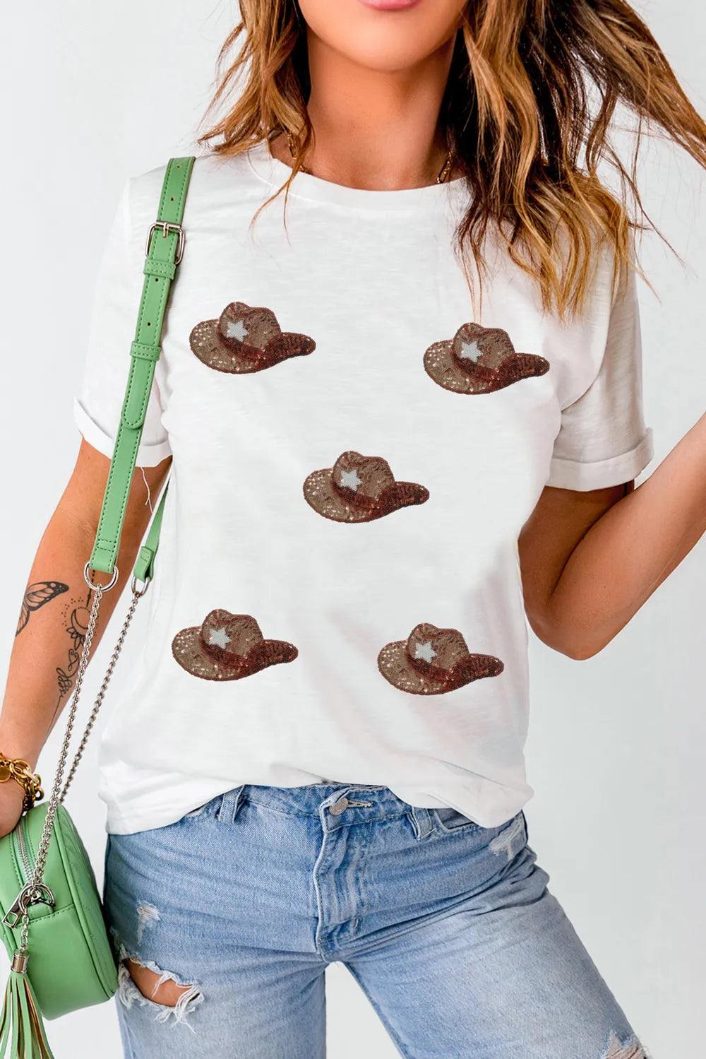 Sequin Hat Round Neck Short Sleeve T-Shirt – Festive Holiday Style