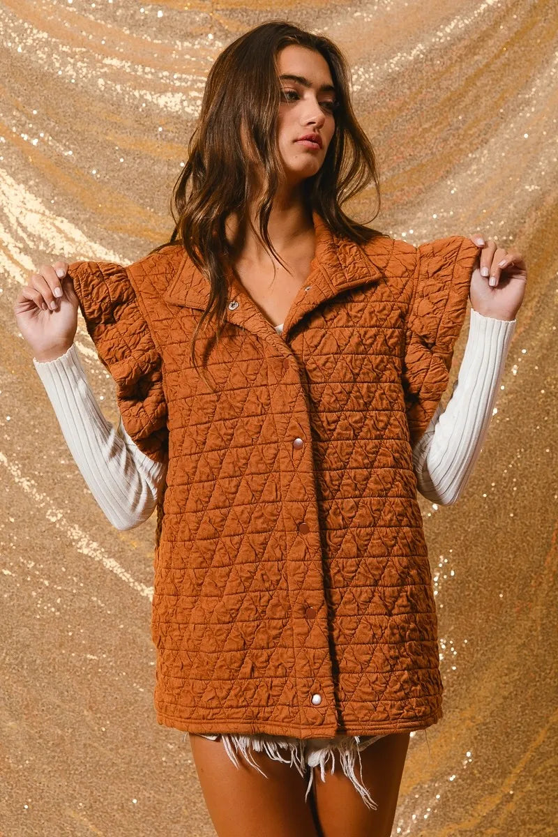 Rust Orange Quilted Vest Coat – Oversized Button-Up for Fall Layers