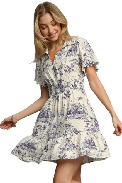 Umgee Landscape Print Collared Mini Dress