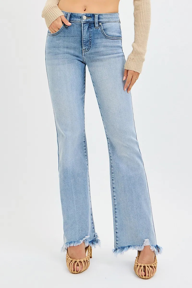 Mid Rise Flare Jeans with Tummy Control & Fray Hem | Trendy Fit
