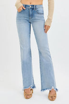 Mid Rise Flare Jeans with Tummy Control & Fray Hem | Trendy Fit