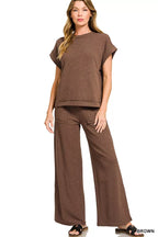 Brown short-sleeve slub tee and wide-leg pants set with drawstring waist