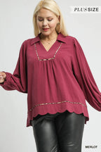 Linen Scallop Hem Blouse Contrast Trim Elegant Women’s Casual Plus Top