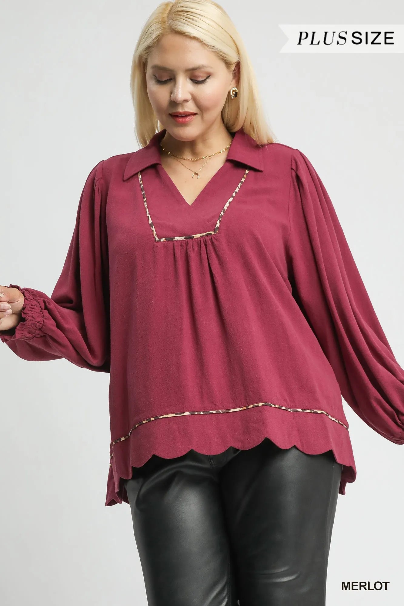 Linen Scallop Hem Blouse Contrast Trim Elegant Women’s Casual Plus Top