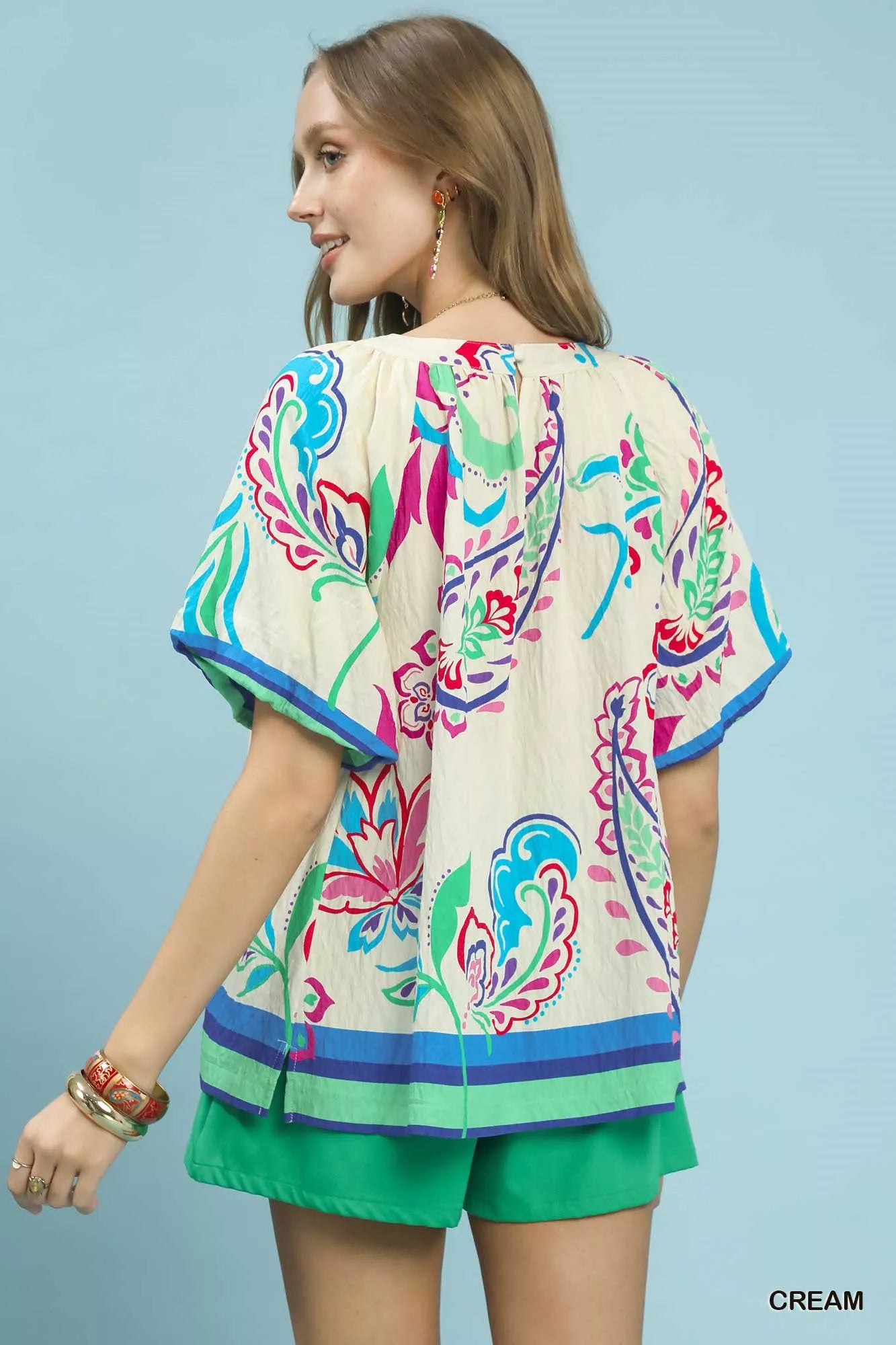 Cream puff sleeve blouse from back with multicolor floral border print