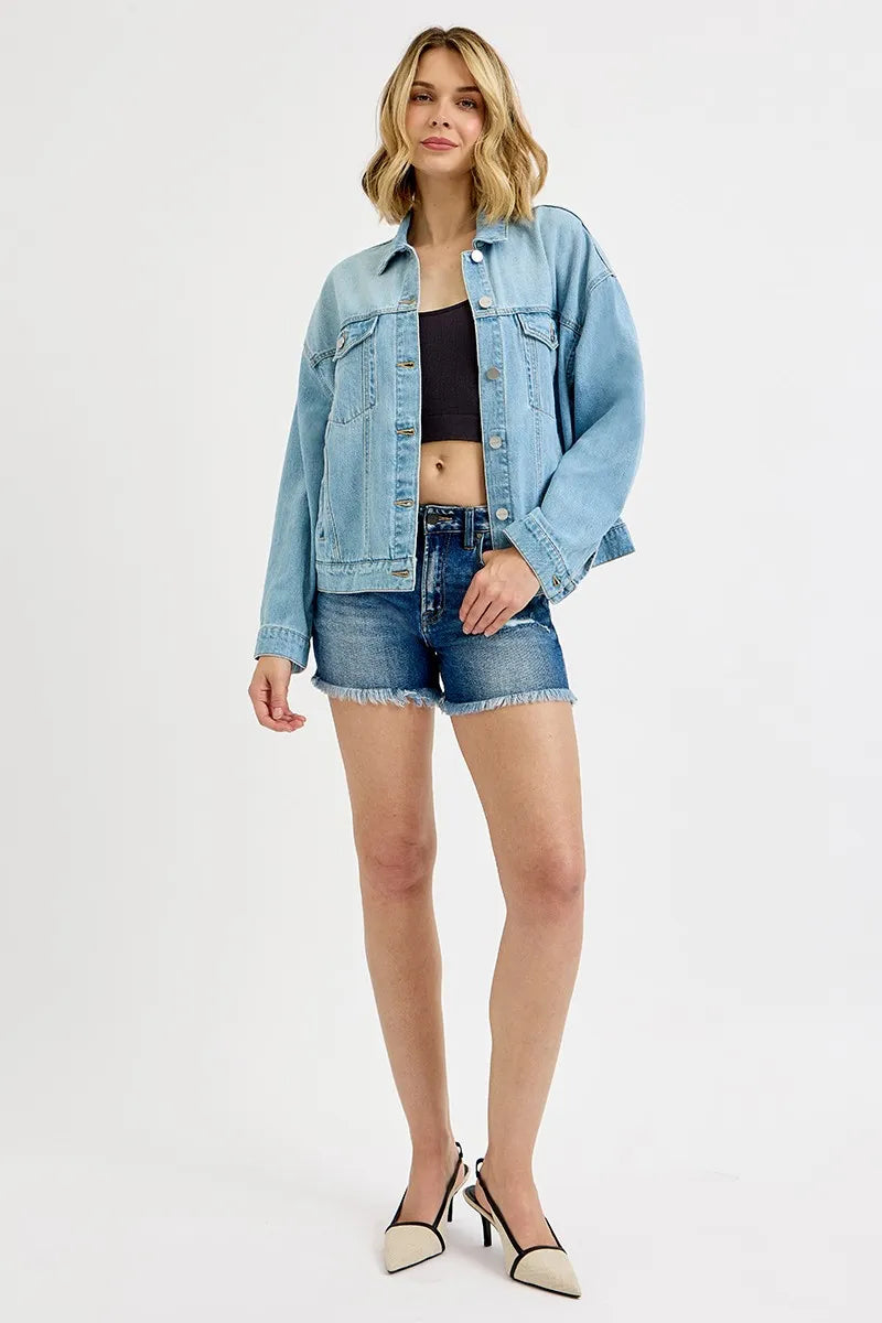 Oversized Light Wash Denim Jacket – Trendy Boyfriend Fit Layering Piece