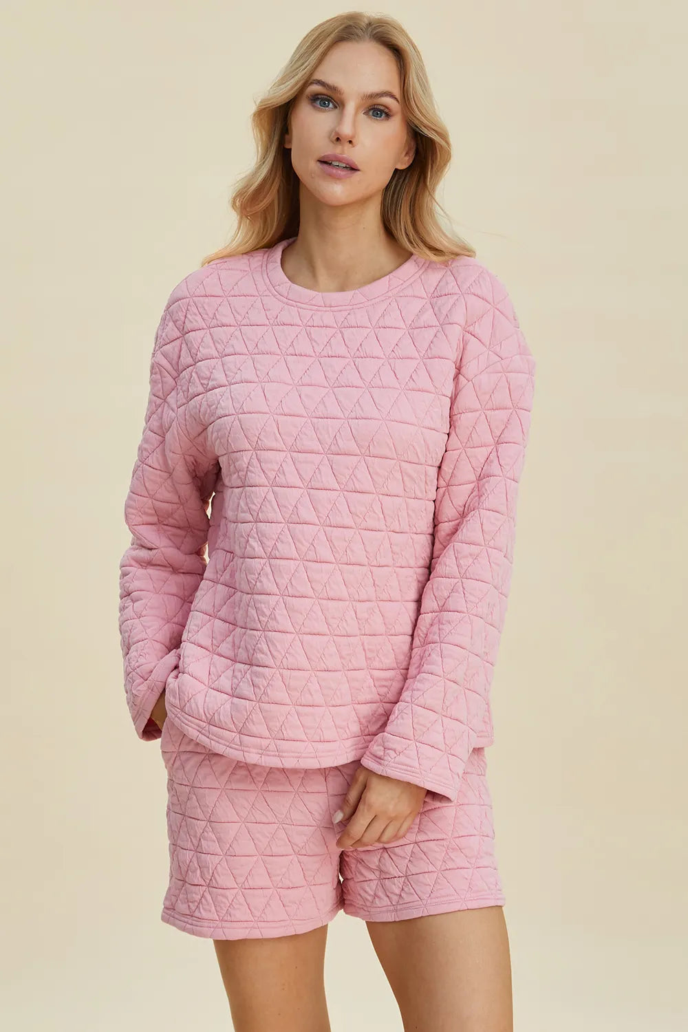 Textured long sleeve top and shorts set, pink, crew neck and matching shorts