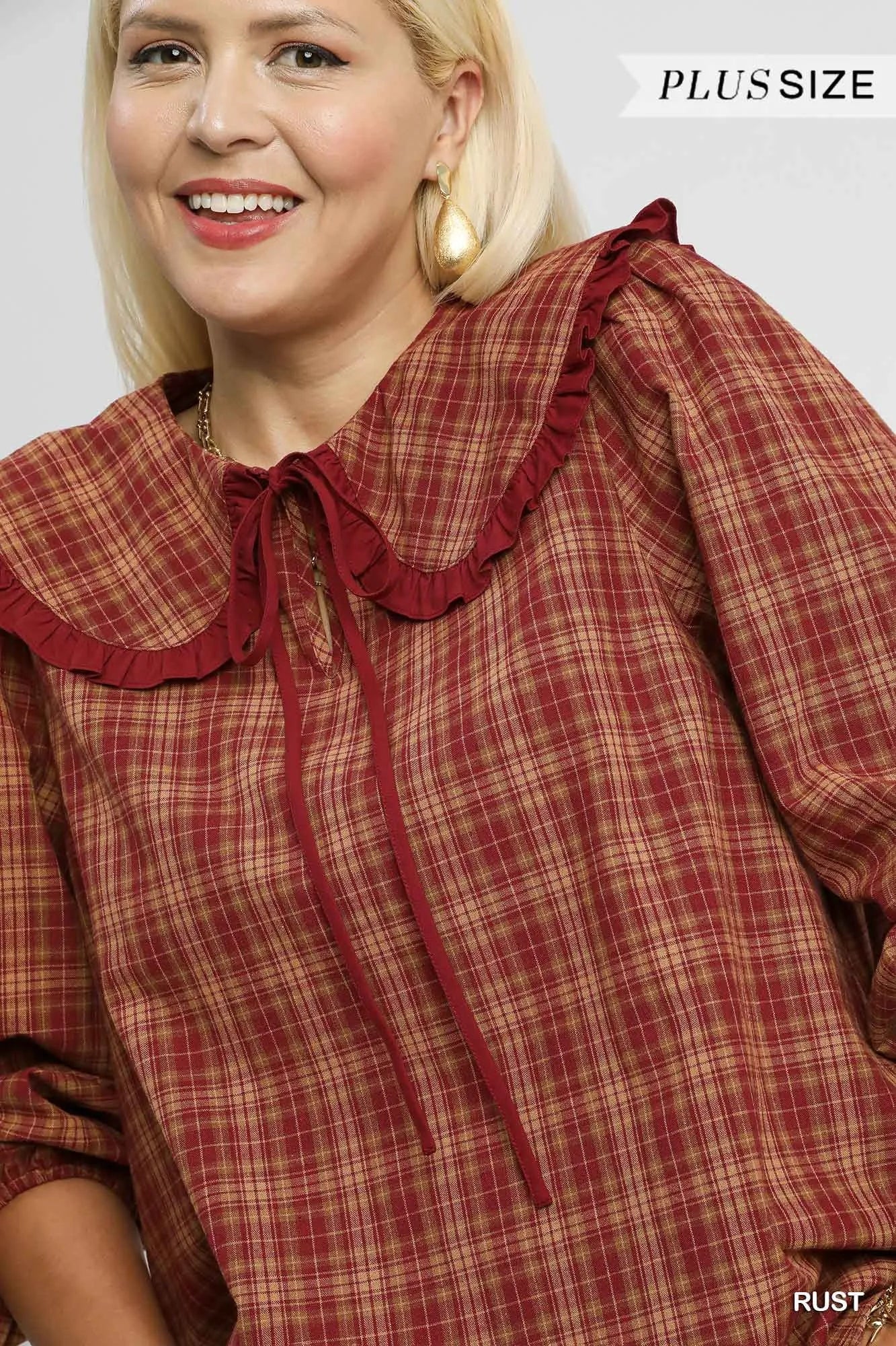 Rust Plaid Ruffle Collar Plus Blouse Vintage Women’s Fall Winter Top