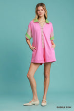 Pink & Green Colorblock Romper – Oversized Button-Up Summer Outfit