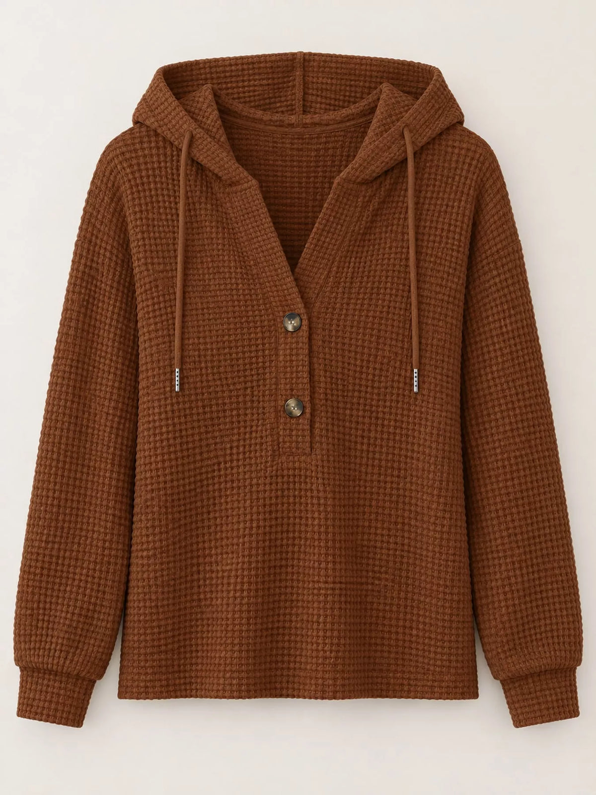 Waffle-knit button hoodie in caramel brown with adjustable hood and two-button placket