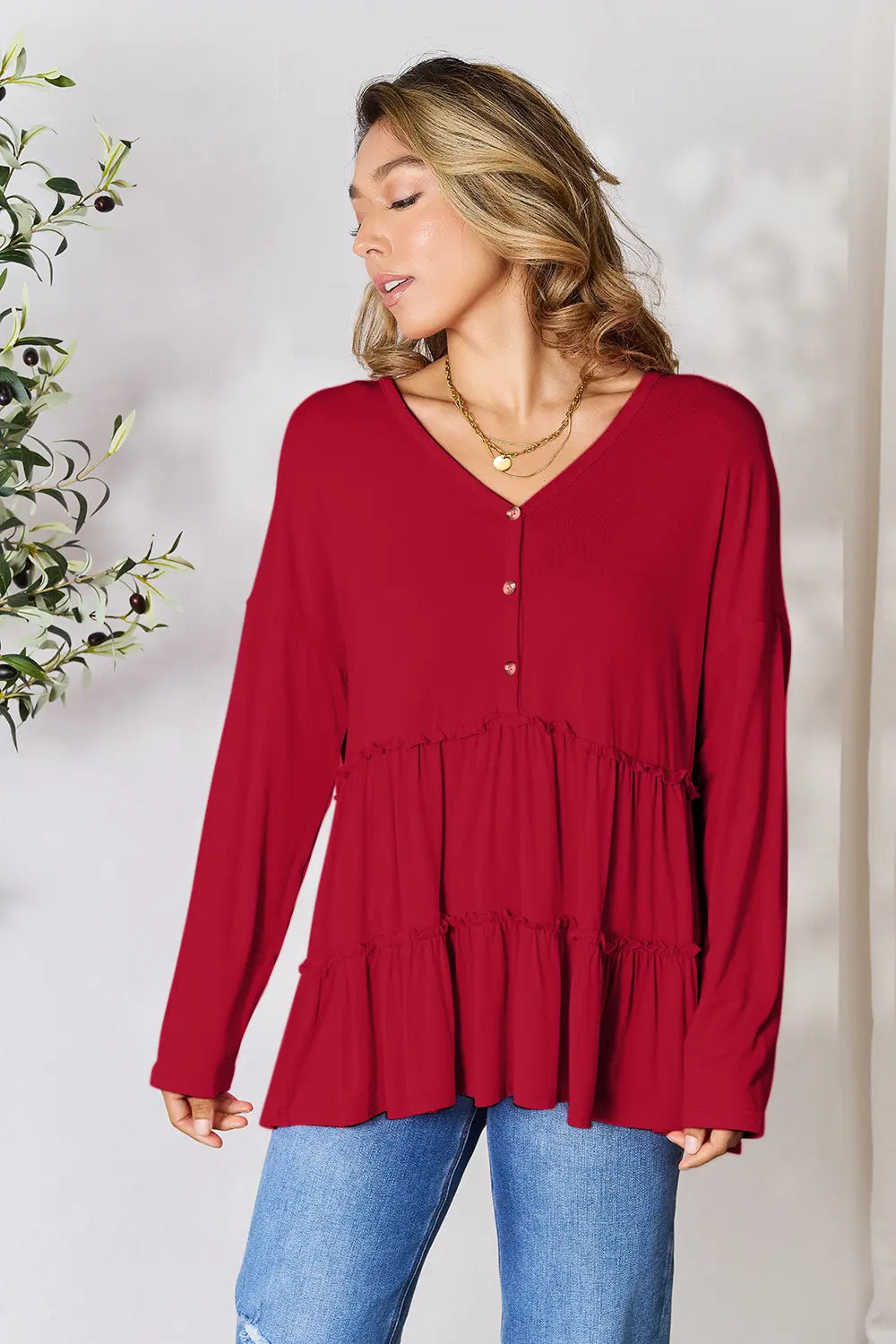 Half Button Ruffle Hem Blouse – Feminine, Flowy & Versatile