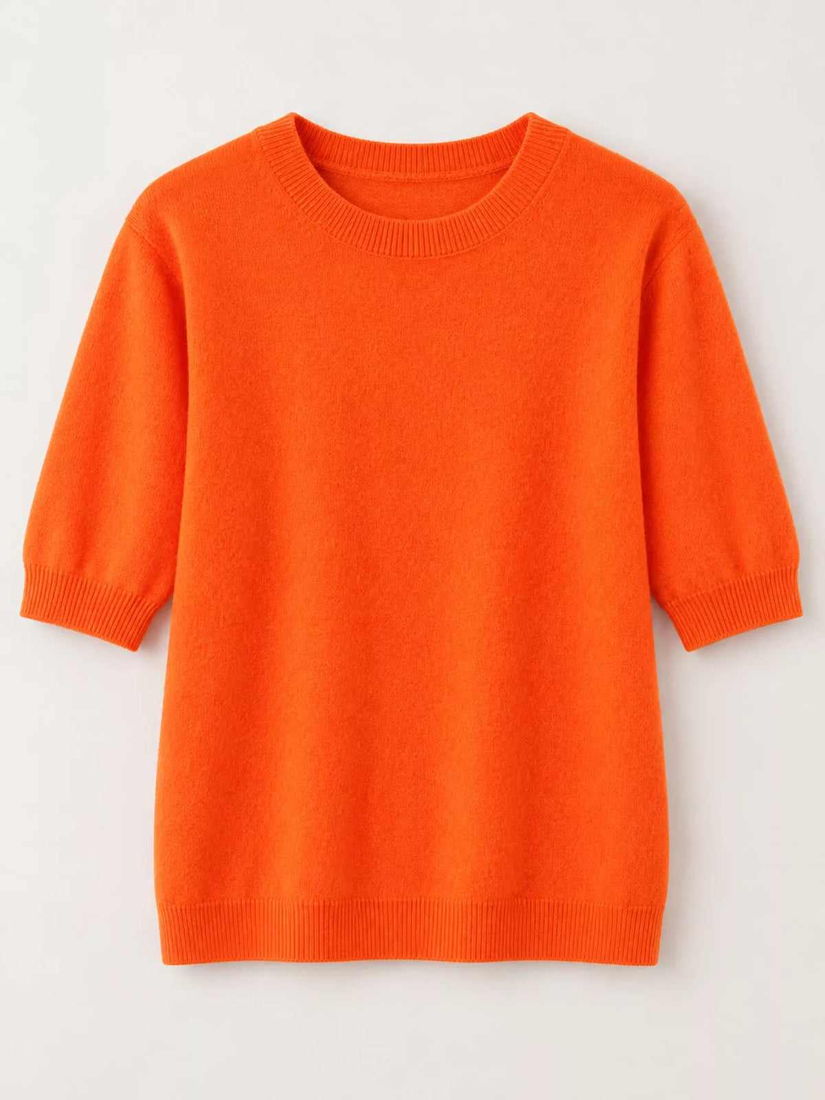 Bright orange round-neck short-sleeve sweater, flat lay with ribbed trim