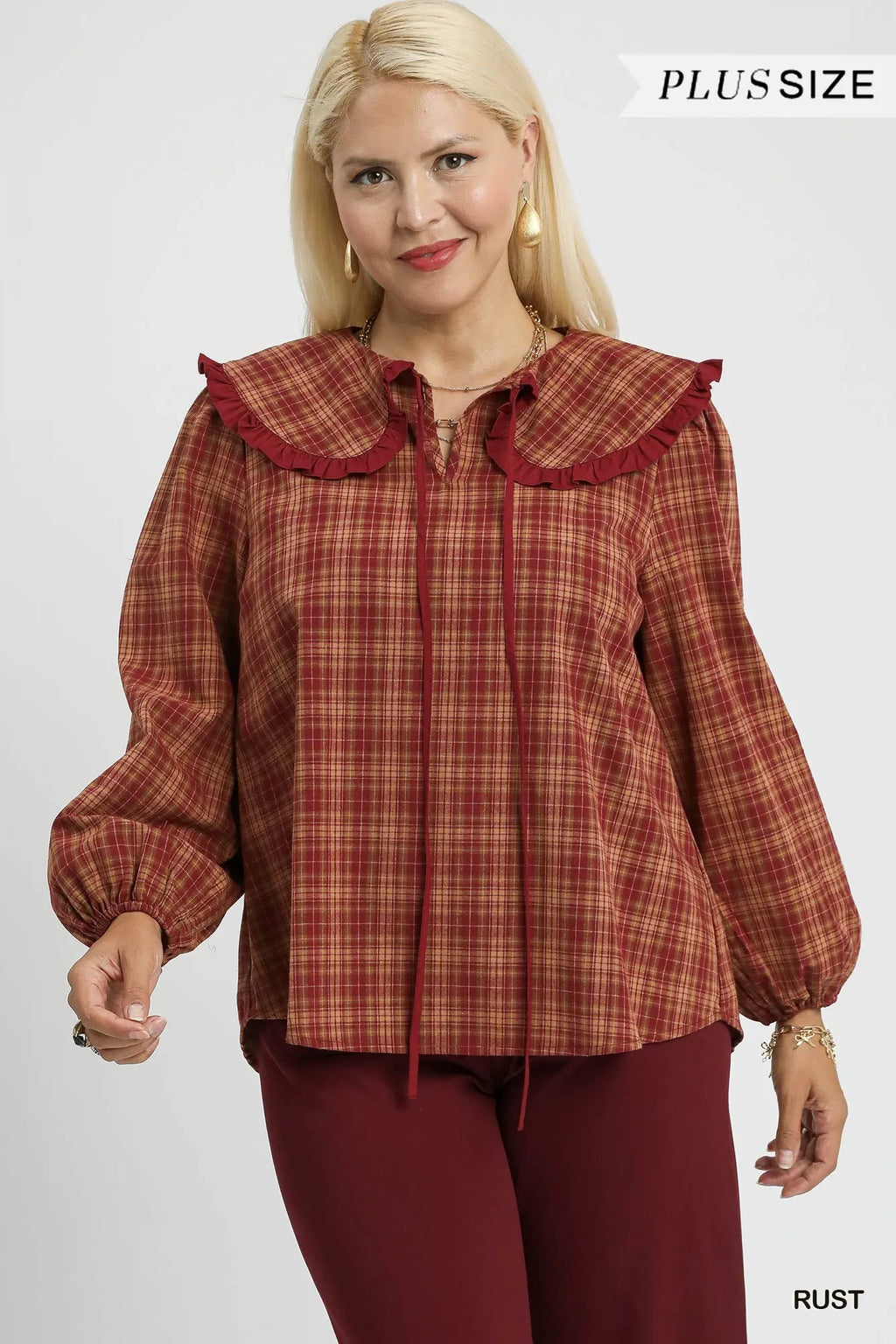 Rust Plaid Ruffle Collar Plus Blouse Vintage Women’s Fall Winter Top