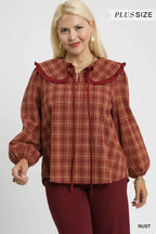 Rust Plaid Ruffle Collar Plus Blouse Vintage Women’s Fall Winter Top