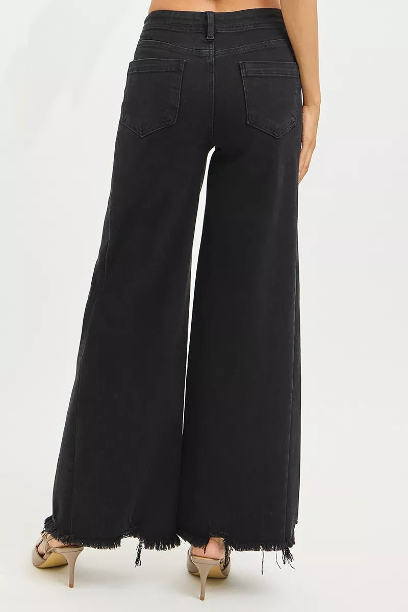 Black high-rise palazzo jeans with two back pockets and frayed bottom hem