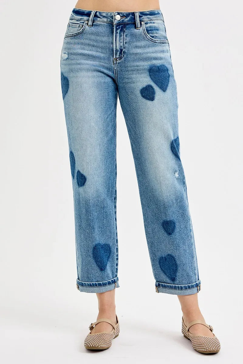 Heart Print Boyfriend Jeans – Light Wash Relaxed Fit Denim