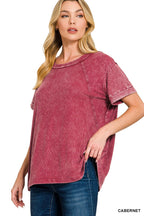 Cabernet vintage wash tee with ribbed crew neck and short sleeves, side vent