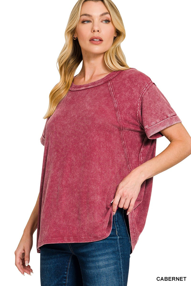 Cabernet vintage wash tee with ribbed crew neck and short sleeves, side vent