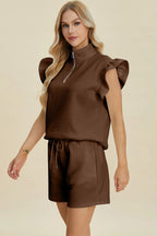 Textured Flounce Sleeve Top & Shorts Set – Stylish & Comfy 2-Piece