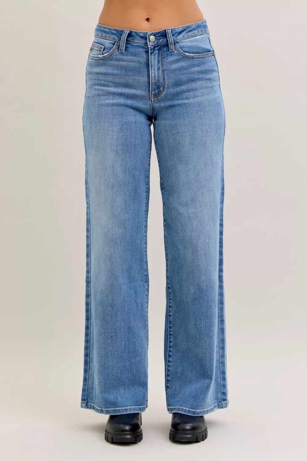 Light blue mid-rise wide-leg jeans with belt loops and five-pocket front