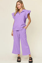 Lavender ruffle-sleeve top and wide-leg pants set with matching waistband and pockets