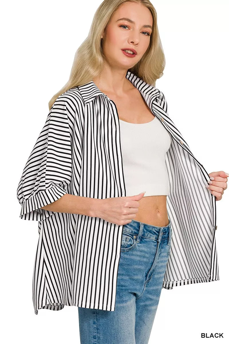 Women's oversized striped button-down shirt with open collar, short sleeves, black-and-white stripes