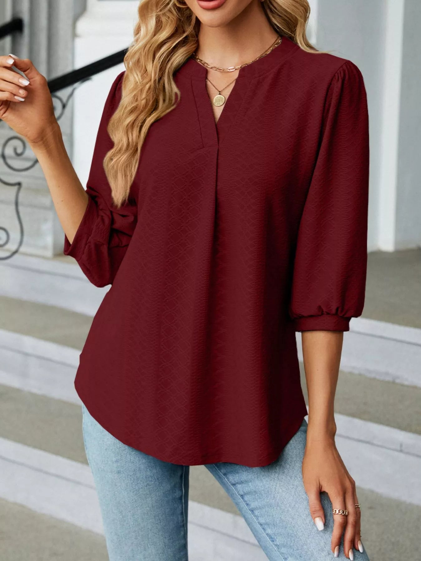 Notched 3/4 Sleeve Casual Top – Effortless Everyday Style