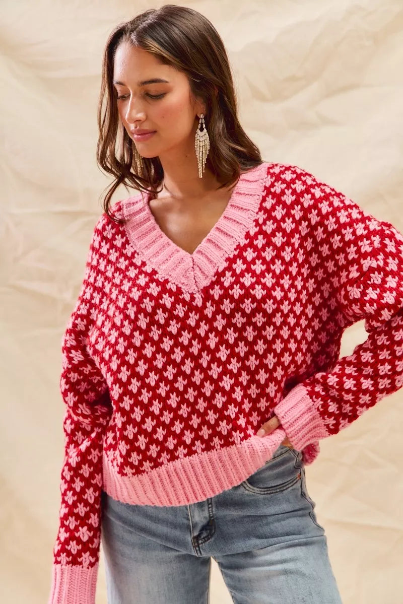 Color Block Textured Christmas Sweater V-Neck