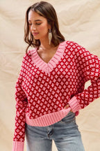 Color Block Textured Christmas Sweater V-Neck