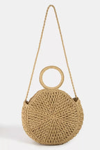 Straw circle handle handbag with long strap, tan braided weave, medium tote