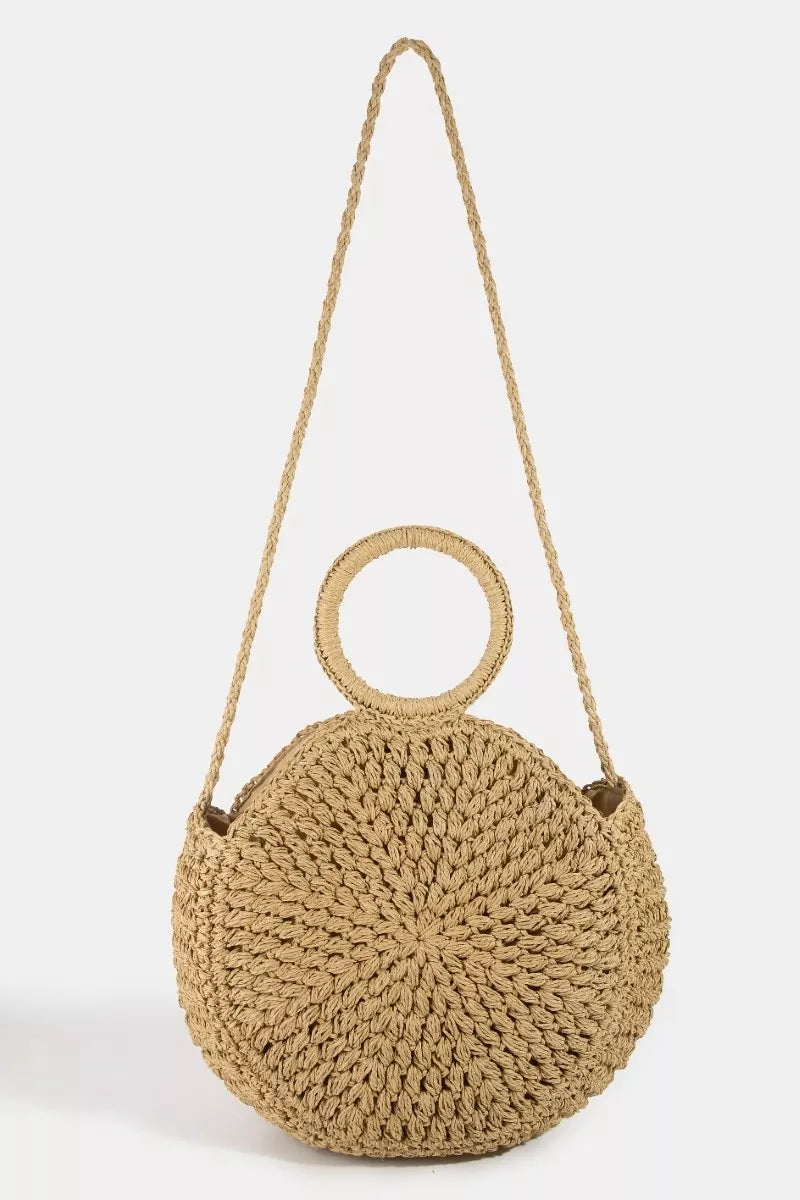 Straw circle handle handbag with long strap, tan braided weave, medium tote
