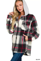 Women’s plaid hooded fleece shacket, black red gray, drawstring hood, long sleeves