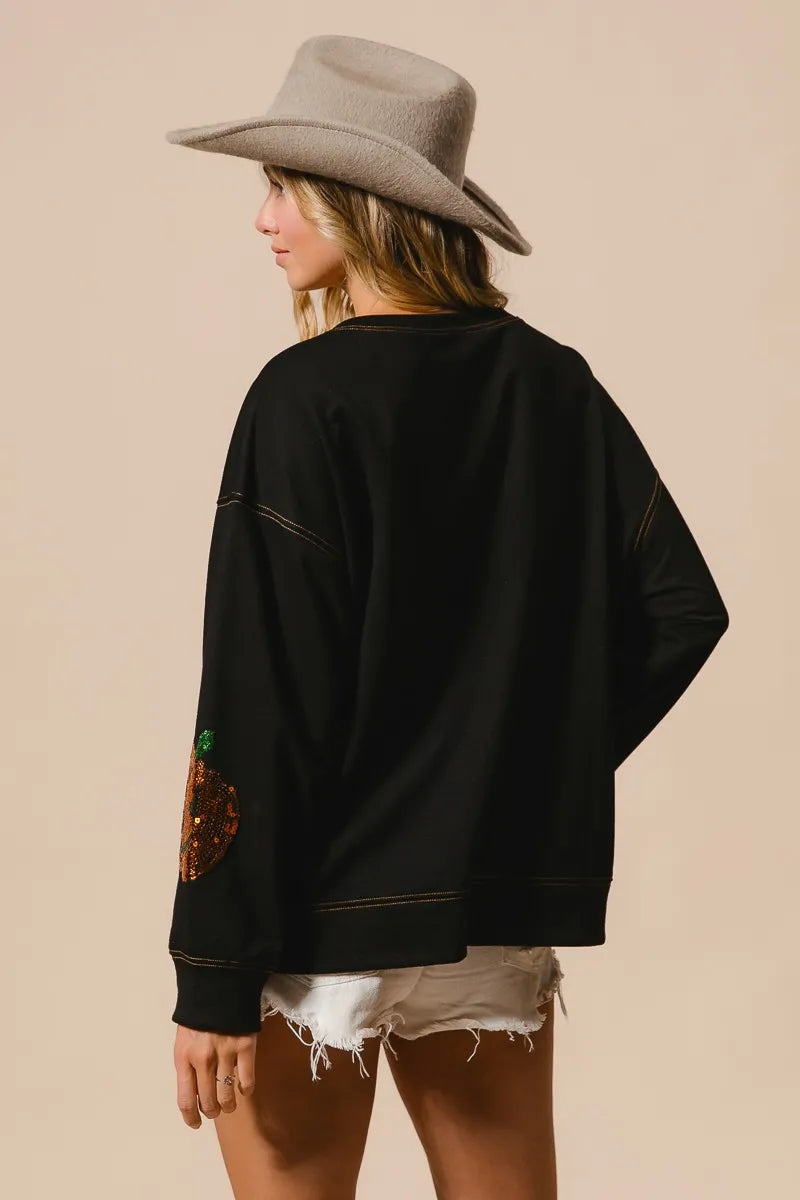 Halloween Sequin Pumpkin & Ghost Sweatshirt – Oversized Black Pullover