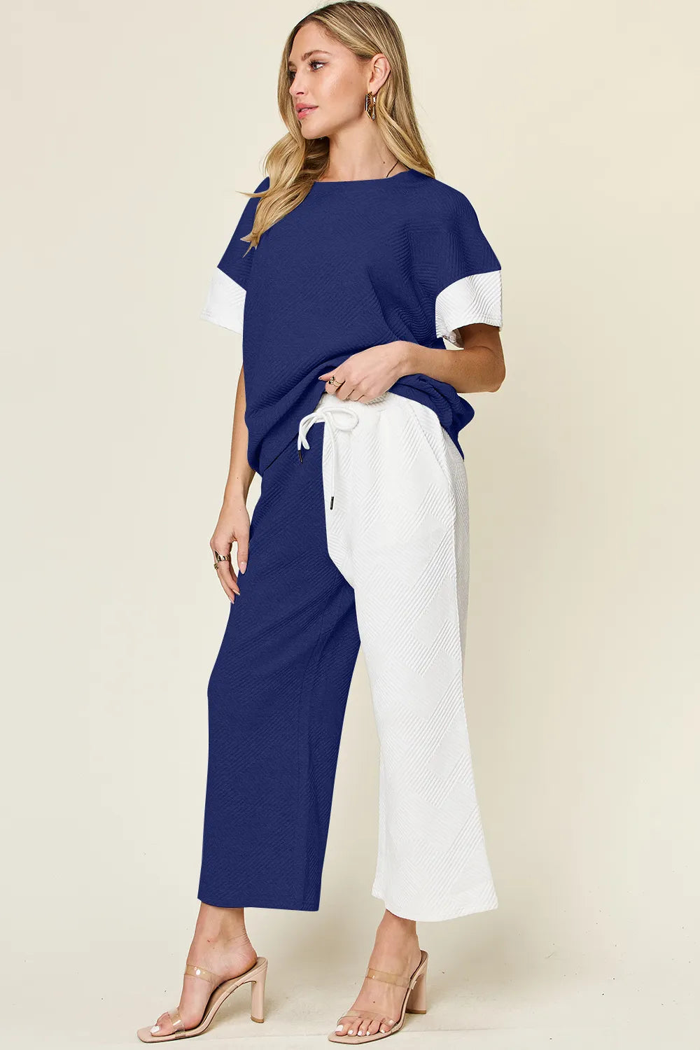 Texture Contrast T-Shirt & Wide Leg Pants Set – Chic, Comfy & Stylish