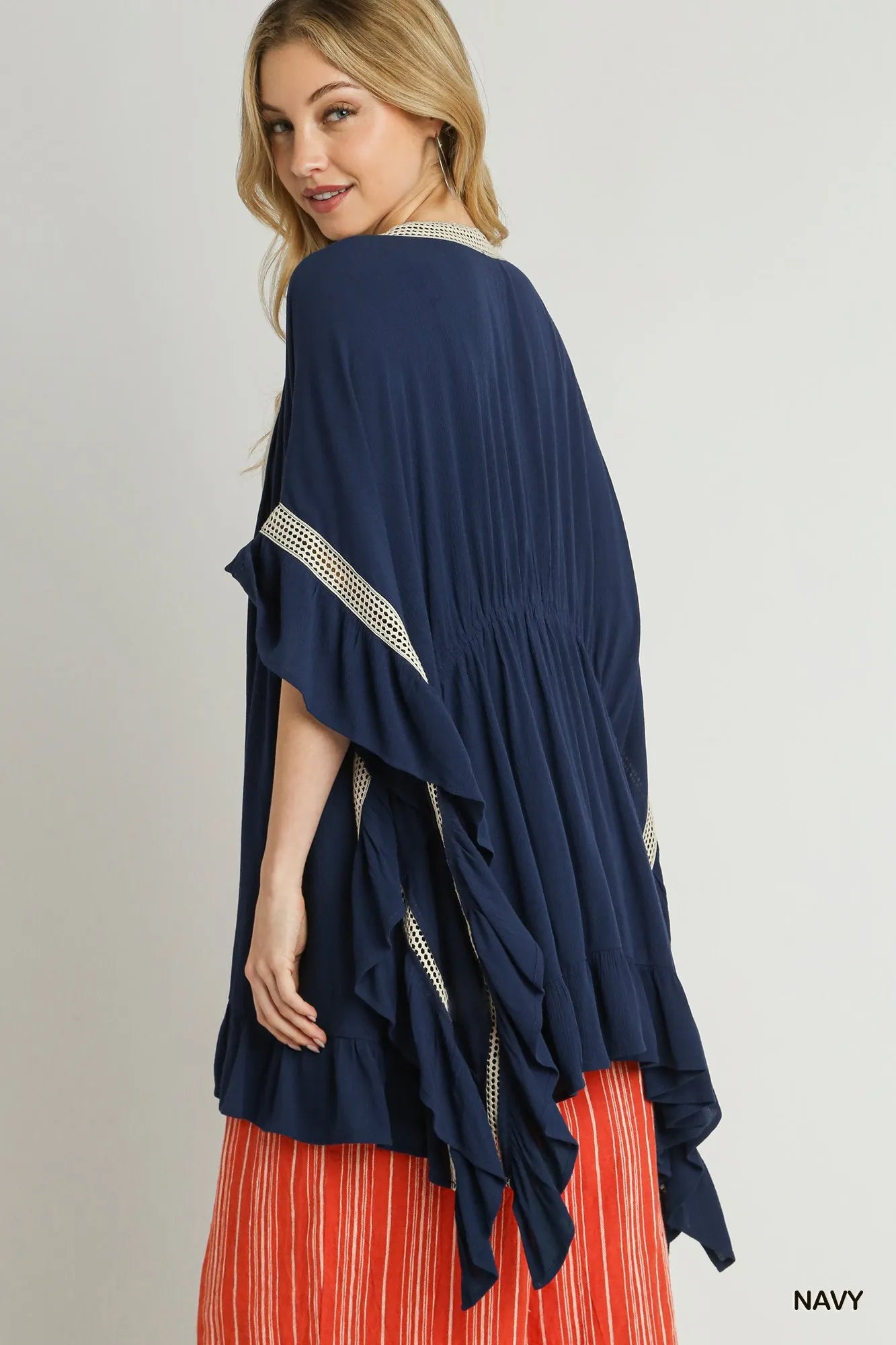 Boho Ruffle Trim Kimono with Crochet Accents Lightweight & Stylish
