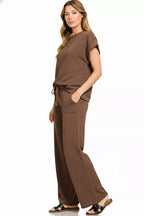 Brown short-sleeve tee and drawstring pants set with side pockets