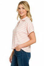 Women’s pink striped collared top, split neck, short sleeves, side profile