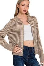 Zenana Ribbed Two Tone Zip Up Sweater – Chic Contrast Cardigan Style