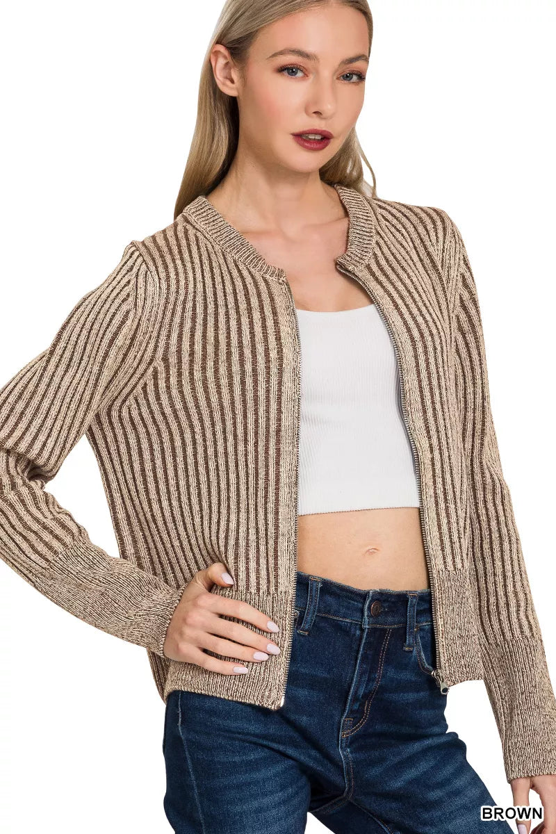 Zenana Ribbed Two Tone Zip Up Sweater – Chic Contrast Cardigan Style