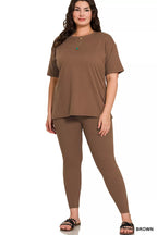 Brown short-sleeve lounge top and slim ankle pants set, crew neckline