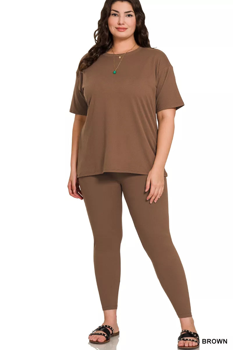 Brown short-sleeve lounge top and slim ankle pants set, crew neckline