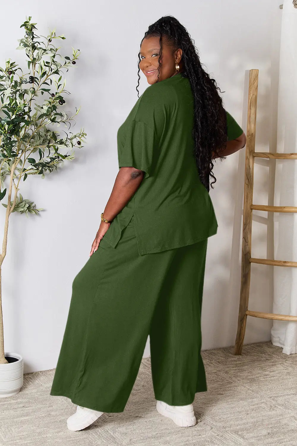 Chic Round Neck Slit Top & Pants Set – Stylish, Comfy & Versatile