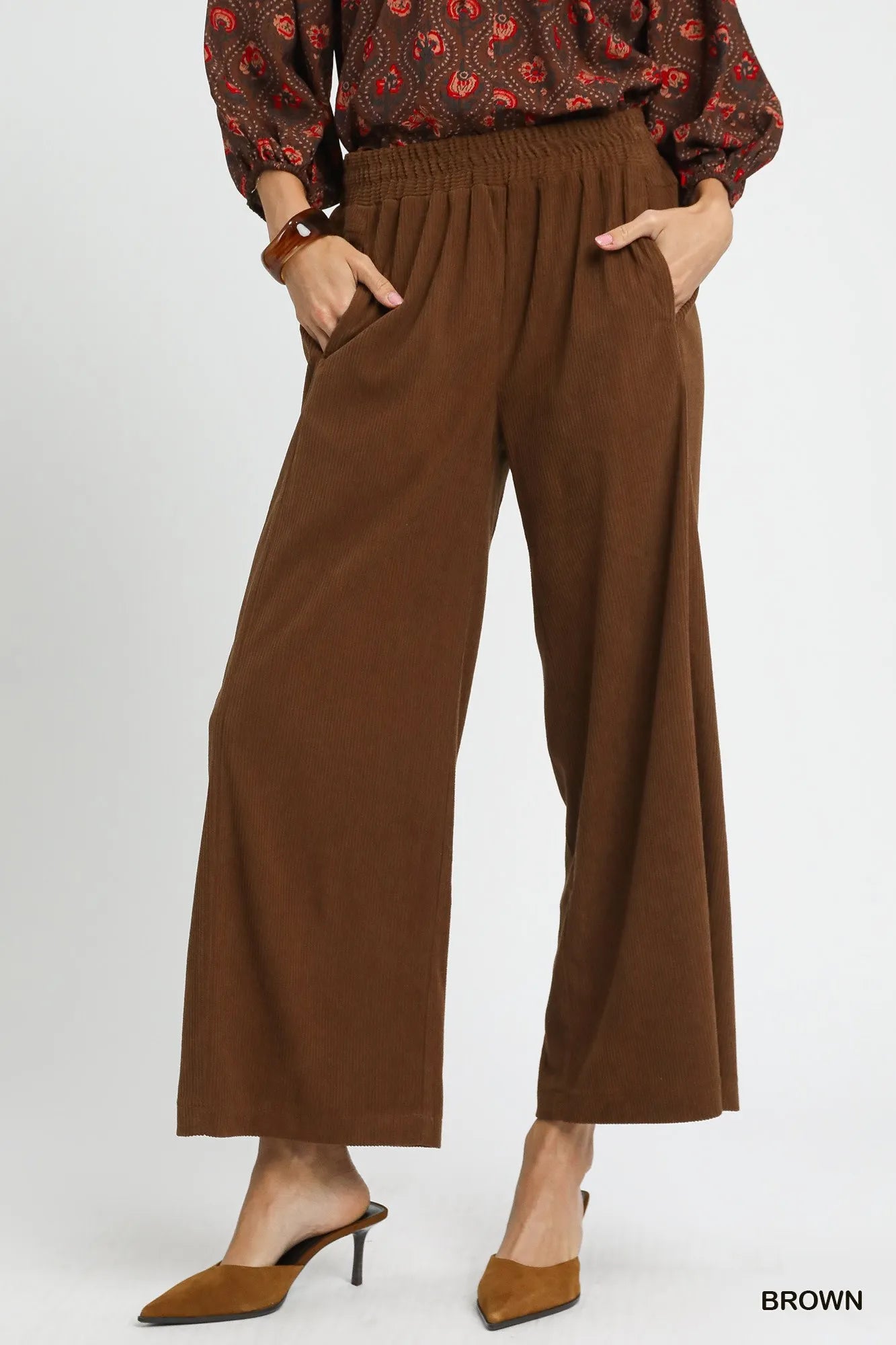 Brown Wide-Leg Palazzo Pants – Elastic Waist, Pockets & Flowy Fit