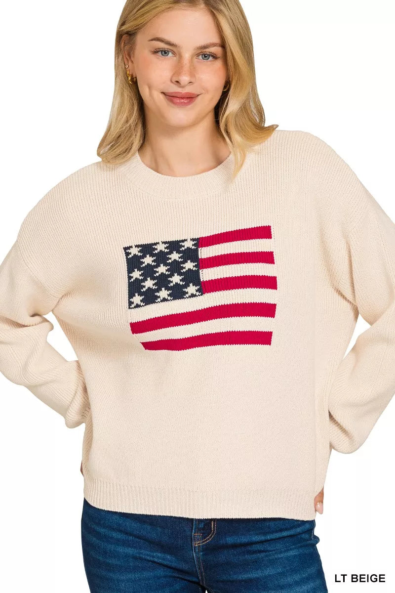 Zenana American Flag Sweater – Classic Crew Neck Patriotic Knit