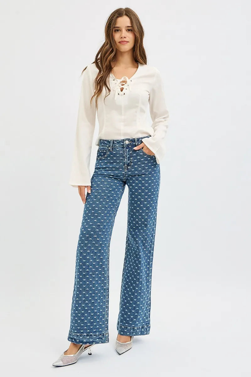High Rise Wide Leg Bow Embroidered Jeans | Feminine Trendy Denim