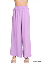Lavender women's wide-leg pants with elastic waistband, lightweight woven fabric
