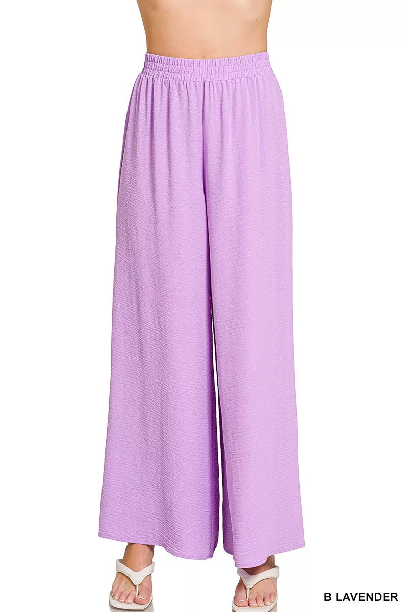 Lavender women's wide-leg pants with elastic waistband, lightweight woven fabric