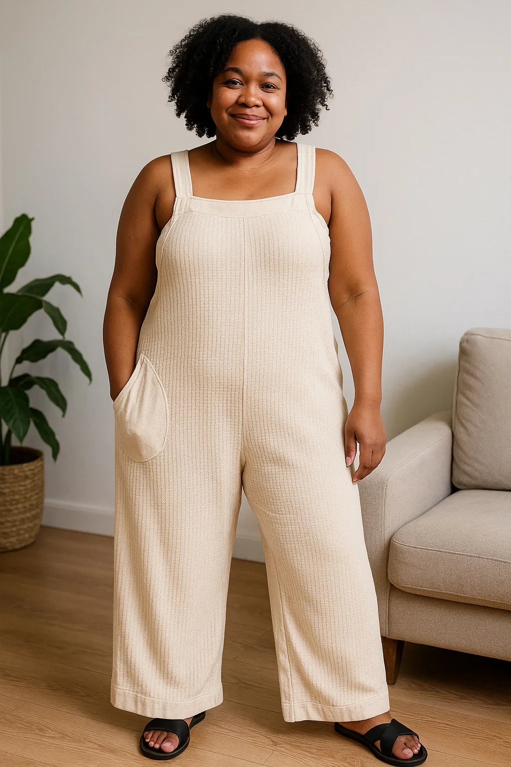 Knit Waffle Wide Leg Overalls – Adjustable Straps & Cozy Texture